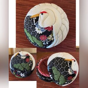 Japanese Kimekomi Crane Trinket Box Sphere Handmade Fabric Art Container 4.5”